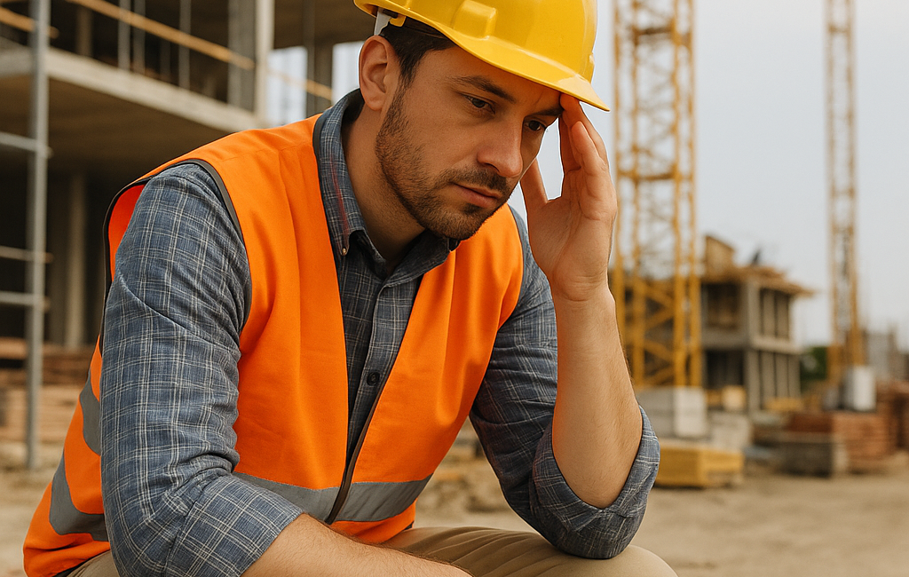 Construction worker reflecting on mental health while on site