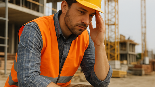 Construction worker reflecting on mental health while on site