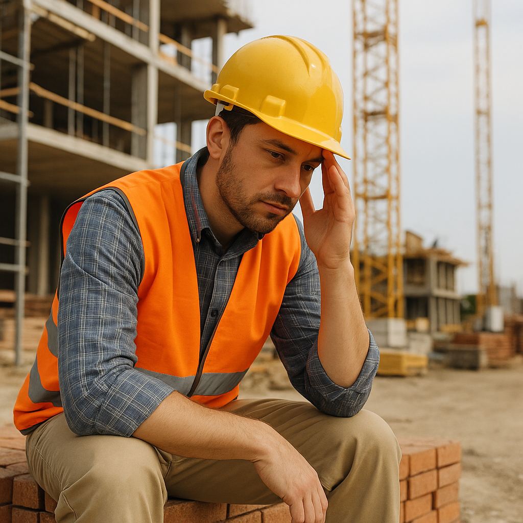 Construction worker reflecting on mental health while on site