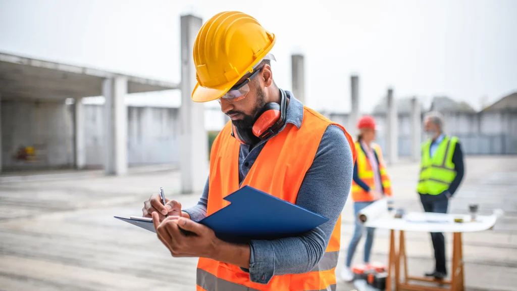 Construction supervisor reviewing site safety checklist
